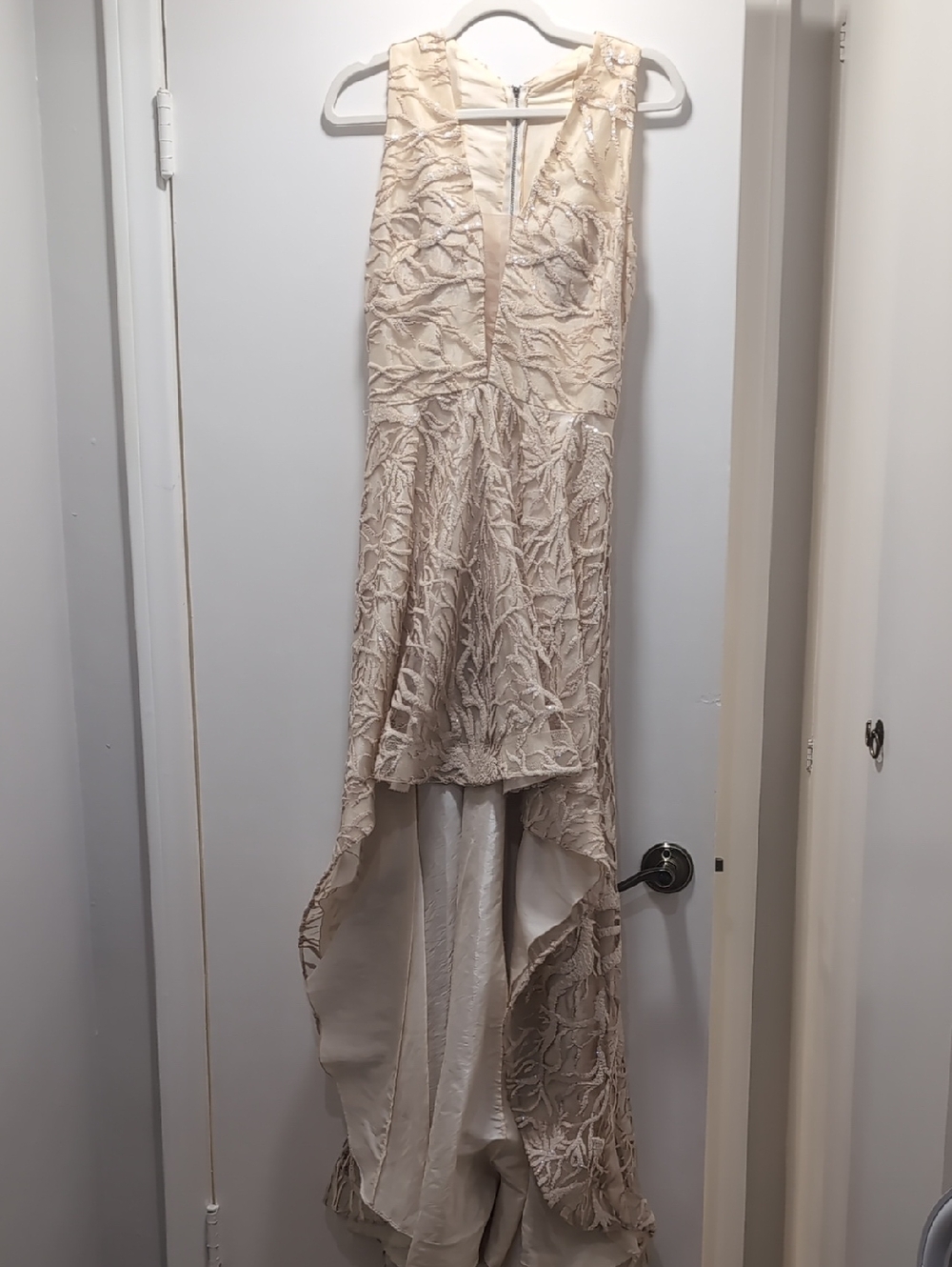 Nicole Bakti Beige High-Low Lace Overlay Evening Gown
